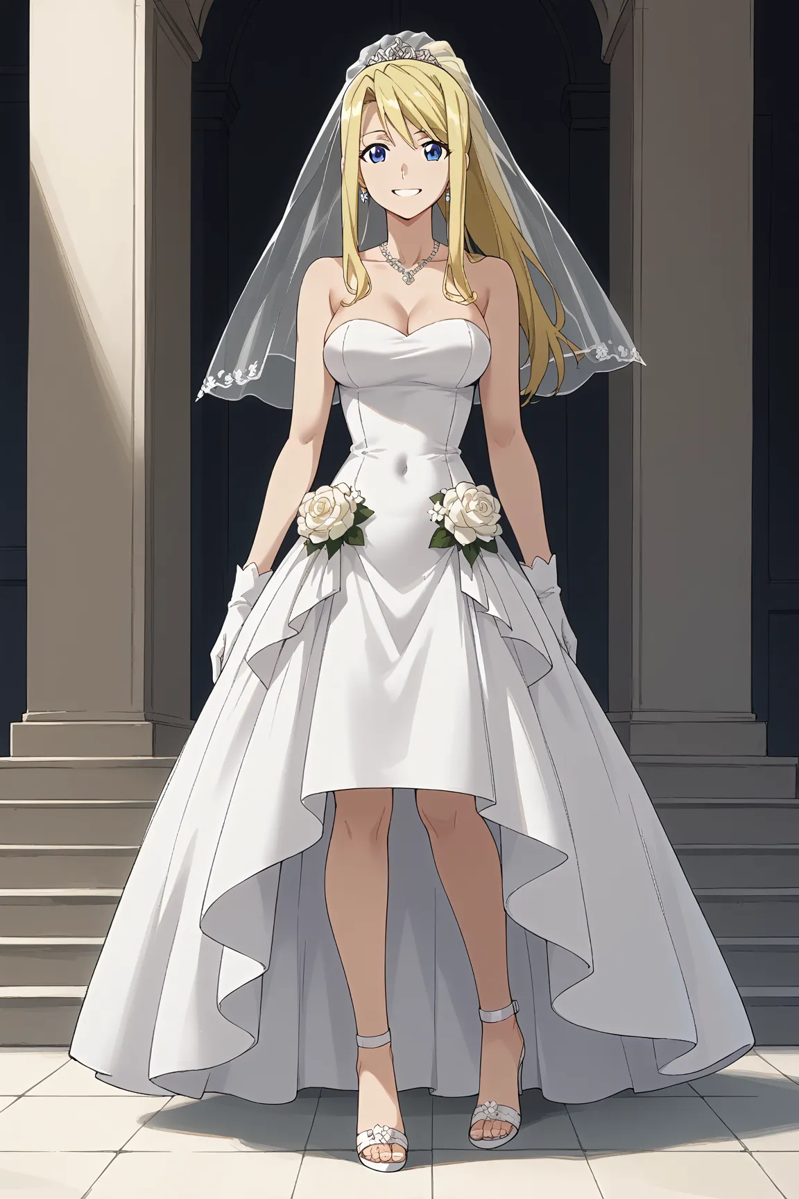 1 girl、solo, blonde、ponytail、blue eyes、medium breasts、((wearing wedding minidress, wedding veil, bride)) 、High resolution、highest quality、detailed face、anime moe art style、abdomen、Navel exposed、smile、indoor、standing, front view, high heels sandals 