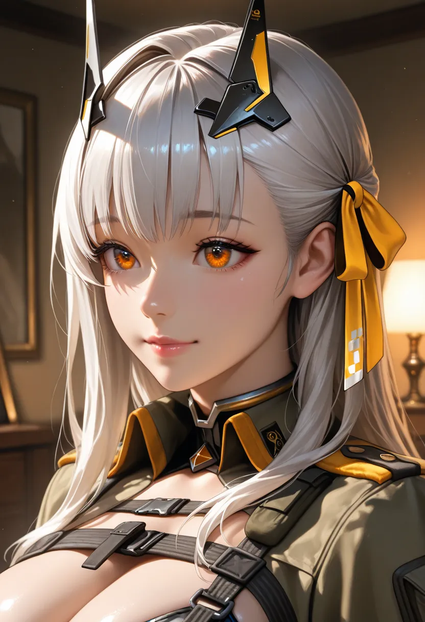 masterpiece, best quality, vibrant, very aesthetic, high contrast, photorealistic portrait,beautiful detailed face,detailed texture,detailed skin, newest, 1girl,nikke,source_nikke,modernia,army costume,room,realistic lighting
