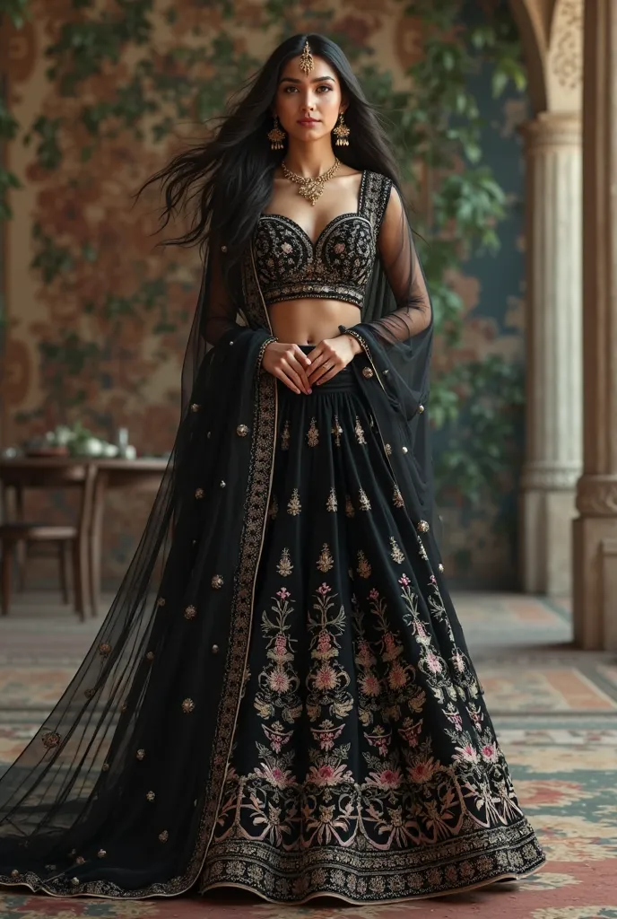 A Pakistan beautiful  cutest stylish women 20 years white beautiful skin and Black hair and Gold Head chain beautiful Black lehenga Full outfit Black wedding outfit slippers realistic 8k uhd upscale realistic