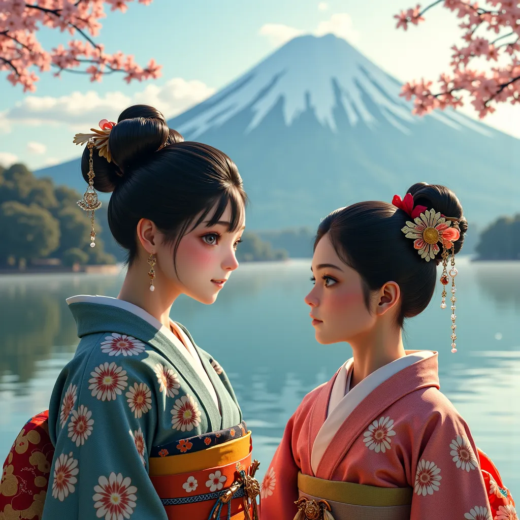 What is the era１６００Year。Photorealistic, Super Detail, masterpiece, 8k, (( realistically :1.5)),

Photorealistic, Super Detail, masterpiece, 8k, (( realistically :1.5)),


There is only 1 hair ornament。


Two people１Wore a 's gorgeous kimono、Japanese、A very...