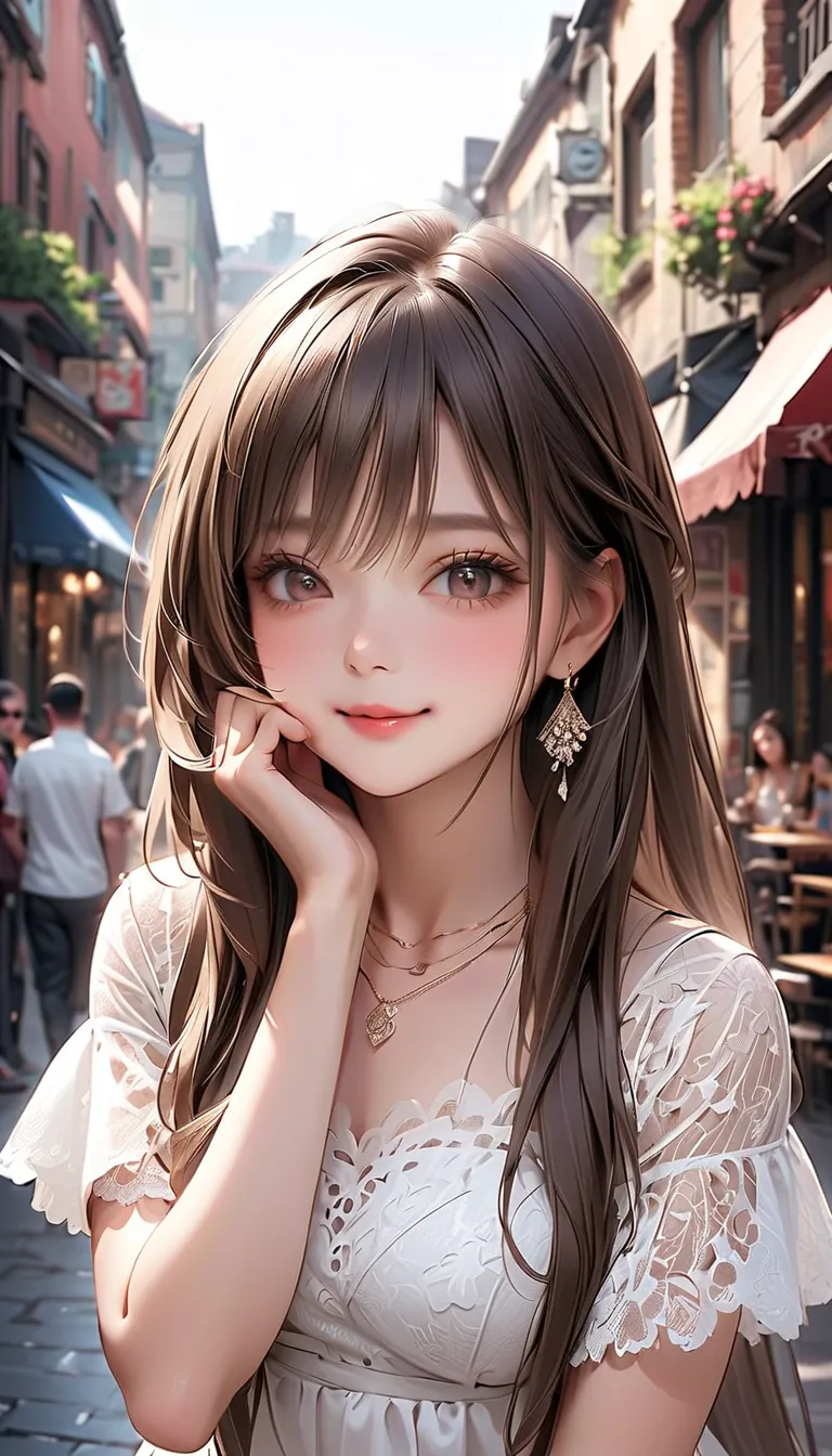 Pretty Girl、high image quality、brown hair long hair、necklaces、(white lace dress)、 beautiful girl、赤い頬、 Street、Place one hand on cheek、Very Cute、Highest quality、 realistic、