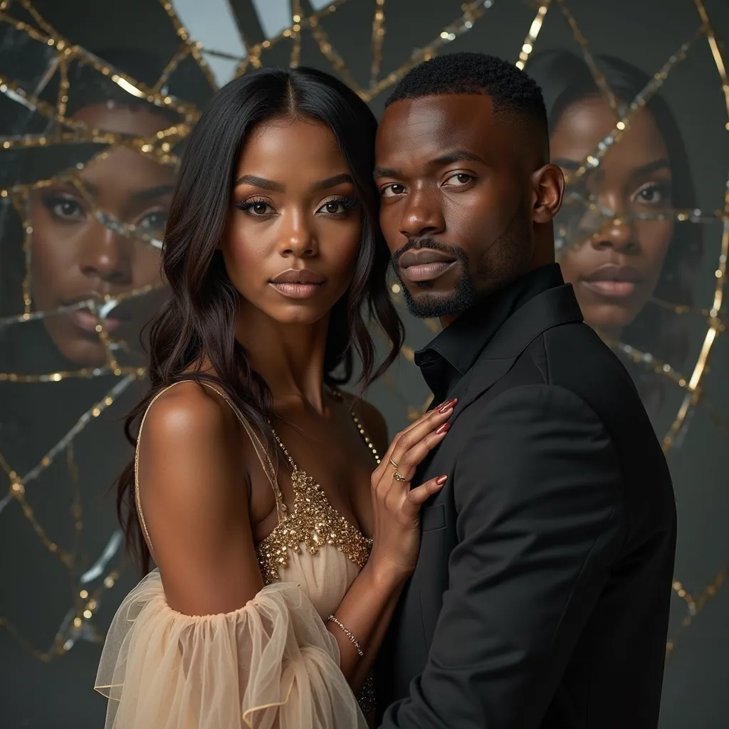 Ultra-HD studio shot of a Black couple with warm honey skin tones, in front of a large artistically broken mirror, reflecting fragments of their faces. The woman wears a beige tulle dress with gold details, while the man wears an impeccable black suit. The...