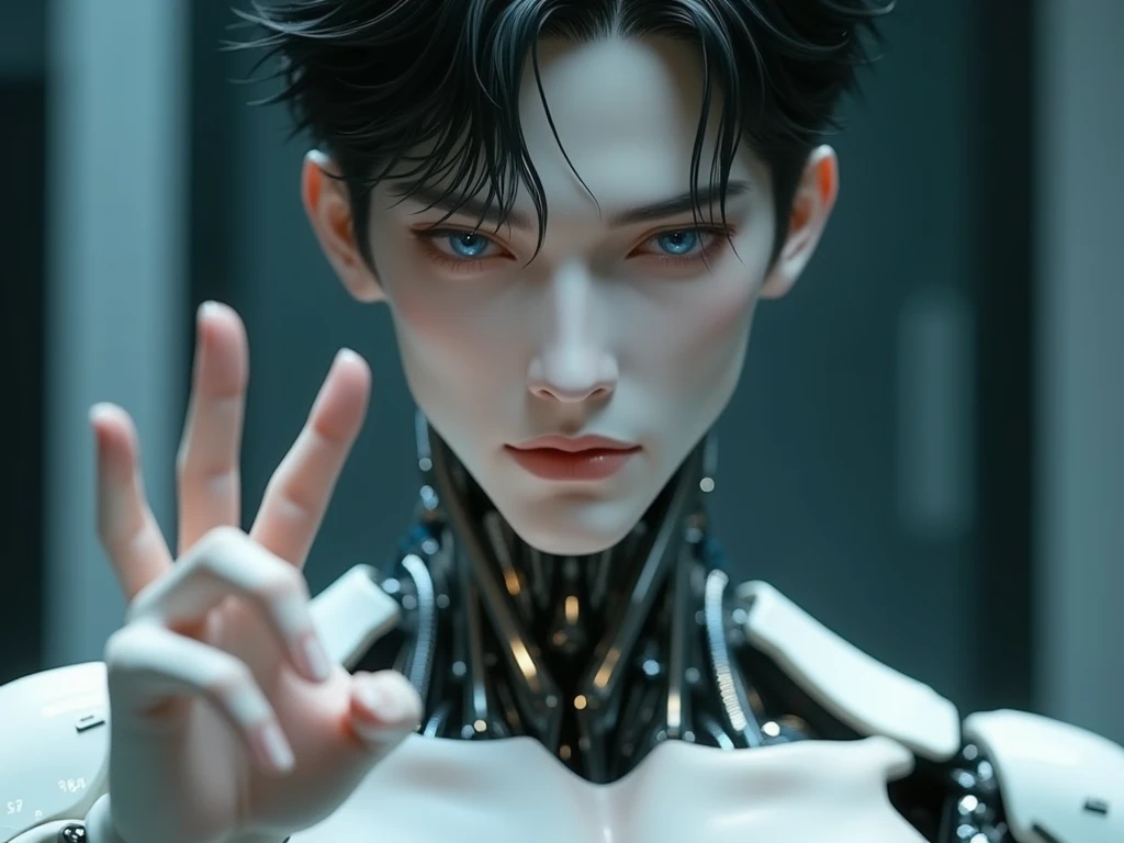 (excellent work:1.3, . Perfect detail: 1.4, Top Quality, 8k Wallpaper , good anatomy:1.4,  perfect finger gesture :1.4, Five fingers:1.4, handsome face:1.4), (1 person, , young man), Decoration about the base of the robot,  unclothed , pov point of view,Pr...