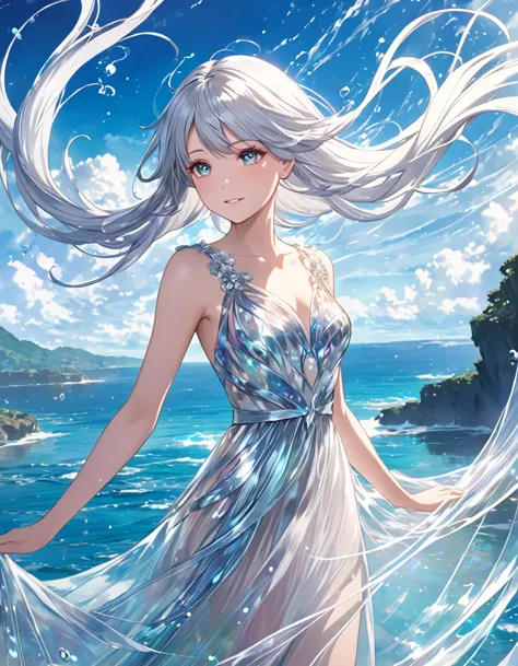  long silver hair 、 beautiful twin-tail girl、Beautiful girl standing on a fantastic sea、close-up、In the water、Splash Art、 transparent dress 、 Mysterious Art 