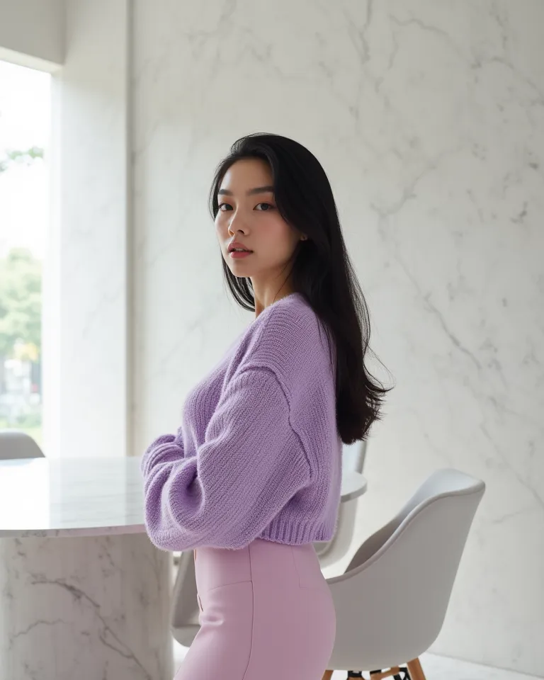 The scene is cinematic and sophisticated, with a contemporary touch. the model, The background reveals a large polished marble table, wears a refined set in pastel tones, Natural light softly enters through the large windows (#F5F5F5).

She wears a lavende...