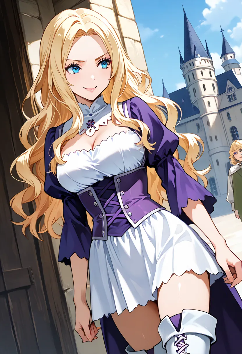 1 people, ONLY one person, aairina, long hair, wavy hair, blond hair, blue eyes, in a castle, medieval noble, medieval princess, white dress, white boots, thigh boots, whaite and purple outfit, fantasy advanturer outfit, dominant, confident, underbust with...