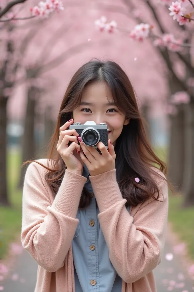 Man in cardigan and shirt, She is smiling while covering her face with the camera. With a reasonable distance, With a cherry blossom path in the background.