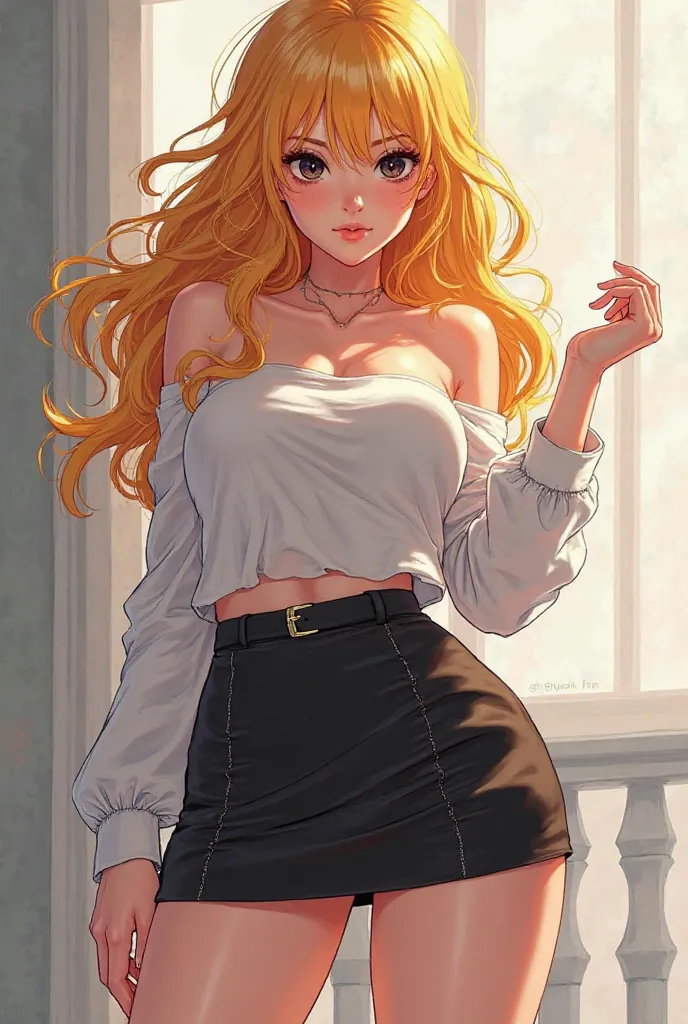 A beautiful and sexy girl with yellow hair and black eyes and a little black skirt A white top big buttocks and a sexy big healthy pose and a hidden buttocks a skirt that sexy Manga way 