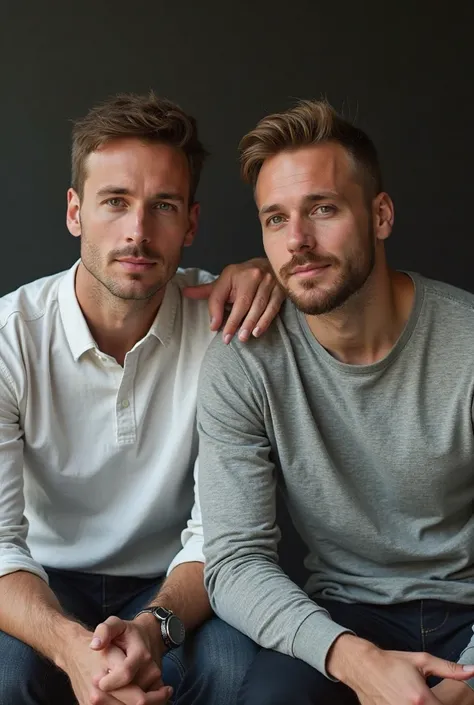 two man , sitting position, one hand over the shoulder, wearing plain long sleeve, both body facing forward, looking at the camera