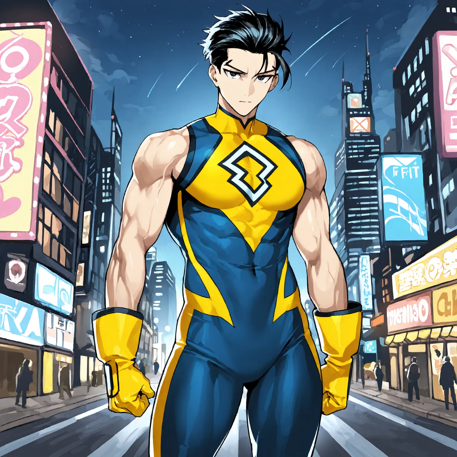 Women, black hair, slicked back, super hero, fit body, toned, slim, muscular, superhero costume, yellow and yellow superhero costume, sleeveless, long gloves