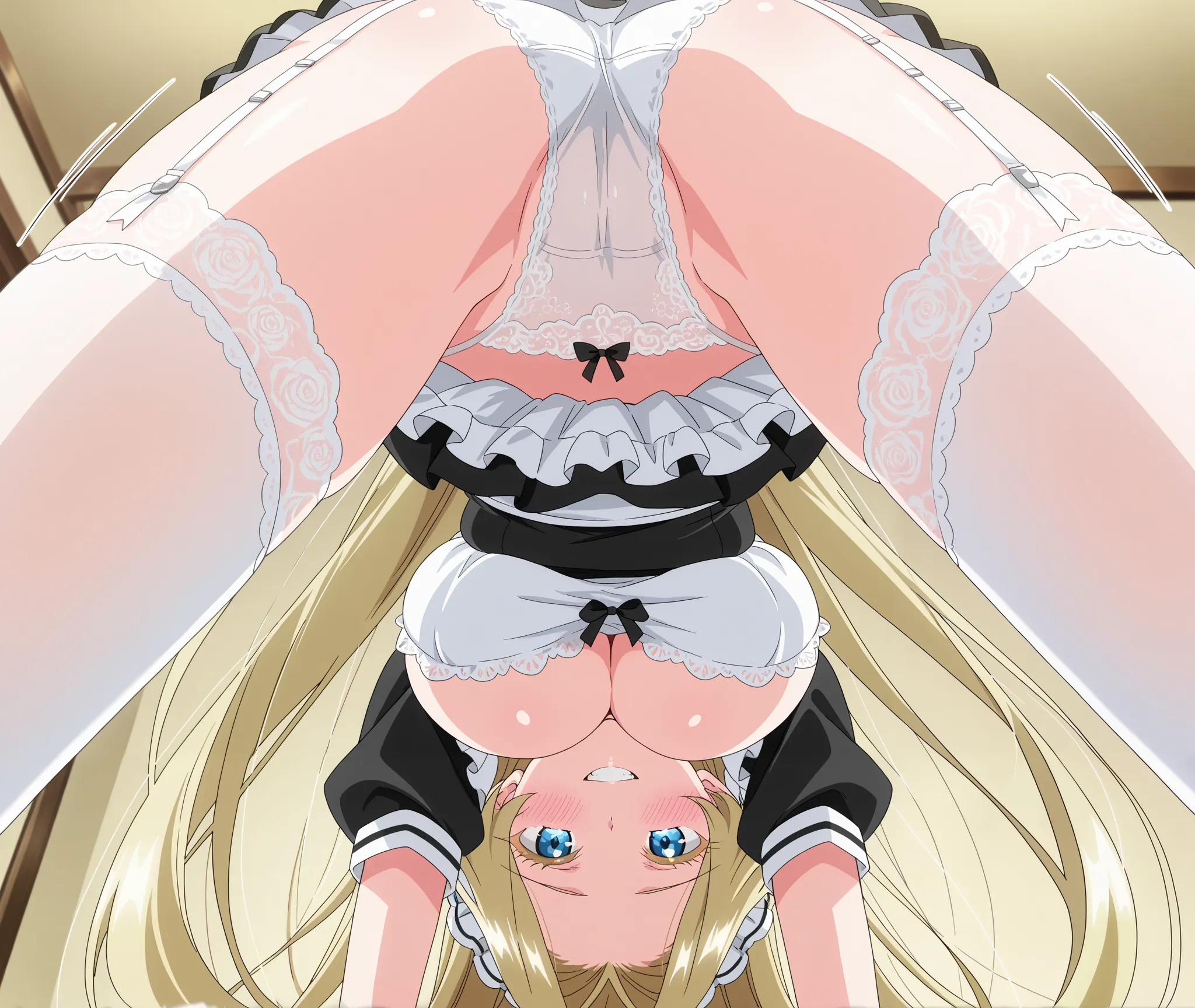 score_9, score_8_up, score_7_up, source_anime, mimimi utsukushisugi, long hair, bangs, blue eyes, blonde hair, very long hair, parted bangs, hair intakes, colored eyelashes, breasts, anime screencap,(Maid uniform, Exposure,cleavage,micro skirt, visible pan...