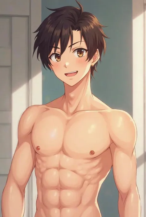 A 15-year-old anime boy, with dark brown hair pointed back and bangs forward,  Fair skin and brown eyes , with an innocent expression as you pose for a photo in your room.   is shirtless ,  showing a muscular and toned physique . The background is a simple...