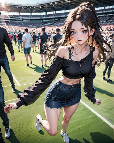 2 beauty young women, are holding a microphone, among crowd, at soccer stadium, BREAK, (brown long hair, forehead), BREAK, (one girl : half updo), BREAK, ((dark-blue long sleeves wide open shoulder top), (denim pencil mini skirt ), white sneakers), BREAK, ...