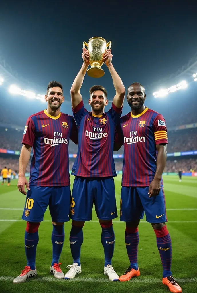 Messi with Lamine Jamal and Rafinha holding the Spanish Super Cup