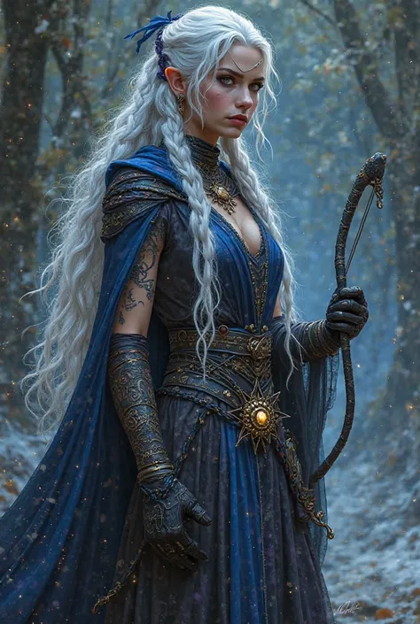 Create a DnD half-elf character Barda: Hair:
Cor e TExtura: As silver as moonlight reflected in a lake, com reflExos irisados que mudam de tom conforme a luz (light blue under the sun, purple under the moon).

Style: long to the waist, divided into dozens ...