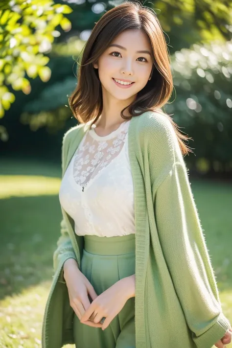 (8k, RAW photo, photorealistic, HQ, masterpiece, Brightly exposed photo), a cute Japanese woman, (glowing eyes), 
(light smile), dark brown hair, (Elegant outfits for spring, Delicate floral pattern on white background, Lace cardigan), Seductive pose,  (in...