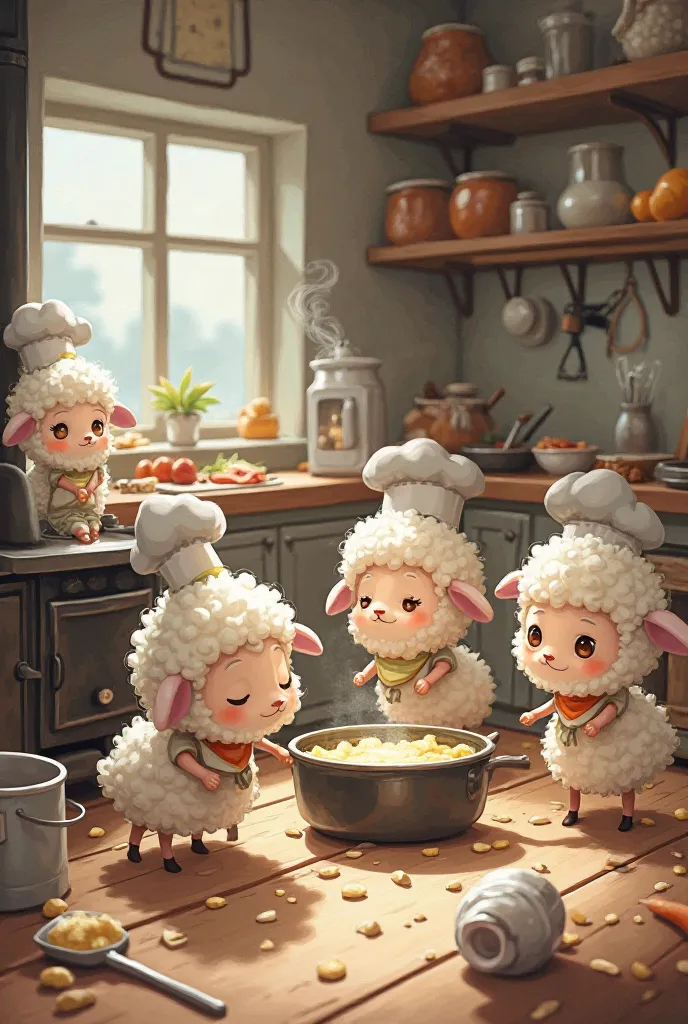 A small babesheep cook a meal 