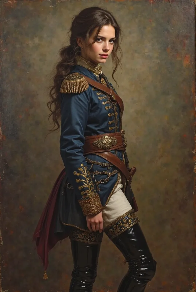 charming young pretty warrior, brunette, smiling slightly mysteriously over her shoulder, averting her eyes, russian hussar uniform, jacket: white leggings: boots, 1812, (Rafael Santi style!)), dark Renaissance, (fog, very worn gradient), ((palette/oil pai...