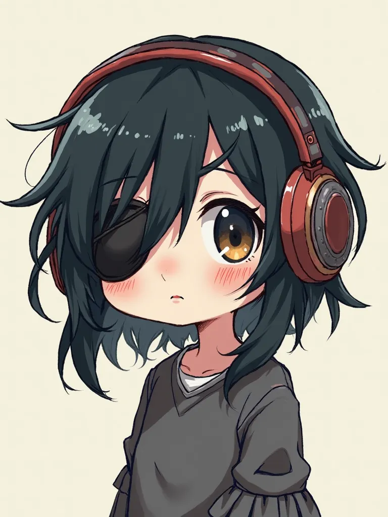 Deformed Chibi Character Black Hair Eyepatch Girl Anime Dele Face Headphones