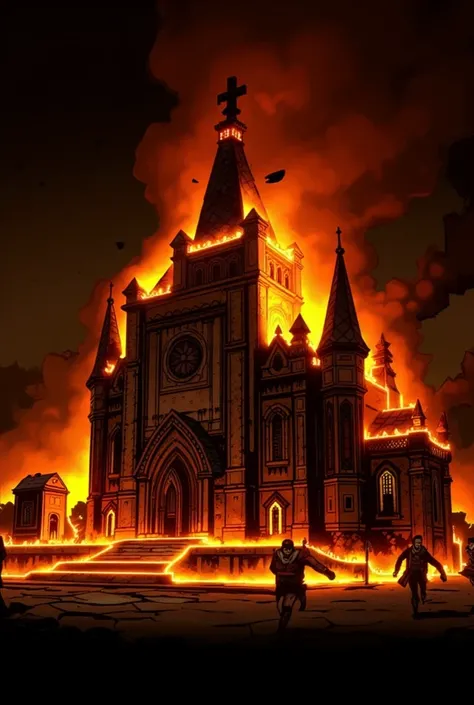 Show a Catholic church on fire 