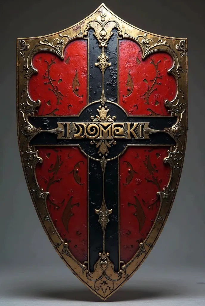 A shield with red, black and gold colors that says Domeki in the center. 