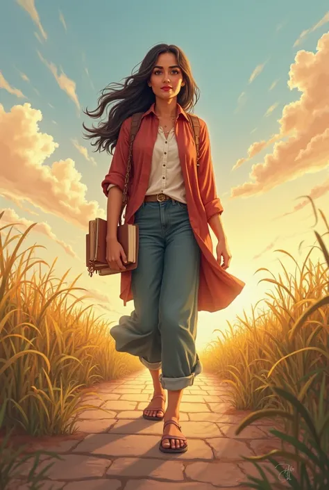 Visualize Meera with a confident expression, walking along a path leading to a bright future. She is carrying the book in her hand, and her posture is filled with hope. The scene should have an open sky with a hint of dawn, signifying new beginnings. Meera...