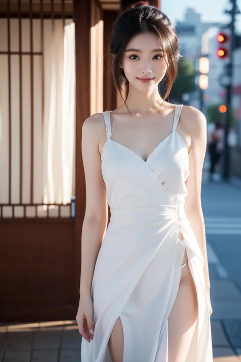 ((White Miko Dress, 8k, excellent work :1.3)), 1 girl, smile, whole body, Slender face,  Pretty Woman Dress, ( black hair),  full length  :1.1, High Detailed Face, fine eyes, Blurred background, Slender face, city, external,  Nature, Light pink dress