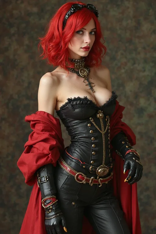 Slim Steampunk female, red shoulder length hair, revealing red/black attire