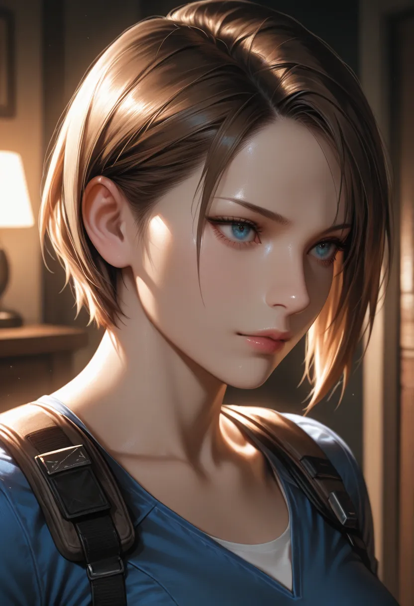 masterpiece, best quality, vibrant, very aesthetic, high contrast, photorealistic portrait,beautiful detailed face,detailed texture,detailed skin, newest, 1girl,resident evil,source_resident evil,Jill Valentine,shirt,room,realistic lighting
