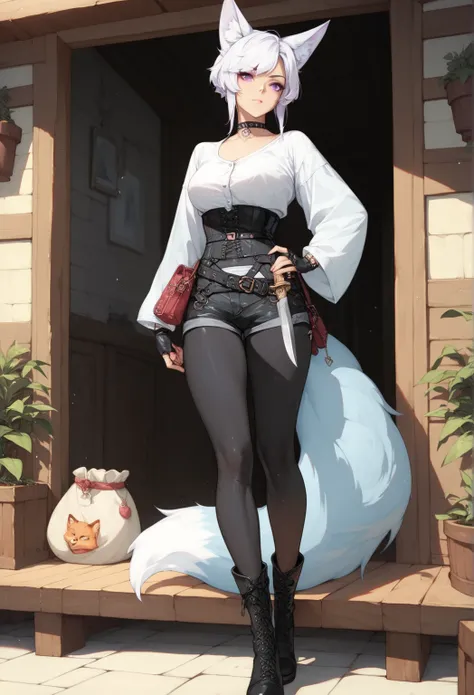 1woman, foxgirl, short white hair, purple eyes, fox tail, white shirt, black corset, dark grey shorts, leather belt, knife strapped to belt, black leggings, black midcalf boots 