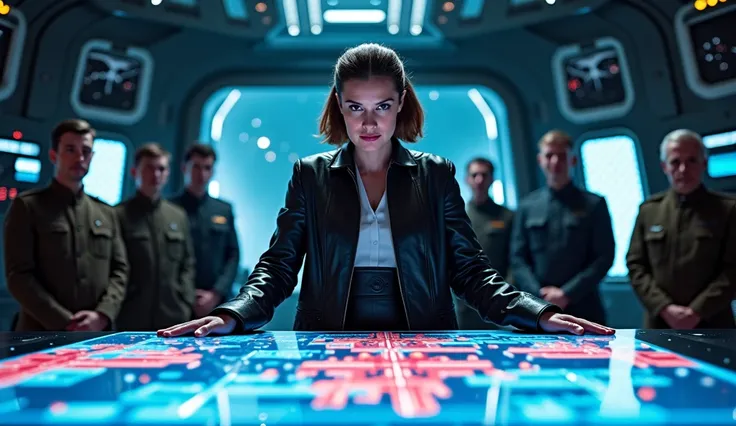 "A striking, full-frontal cinematic shot of Princess Leia standing at the head of a high-tech war room inside a massive spaceship. She wears a sleek, black leather jacket, slightly open, subtly revealing her curves while maintaining an air of authority and...