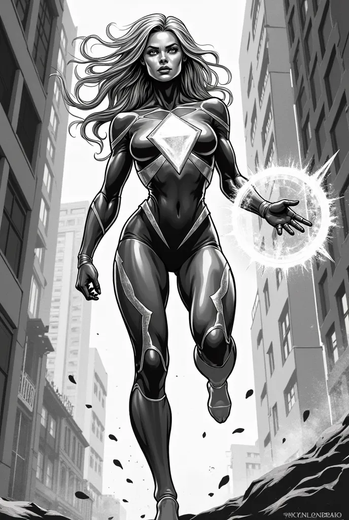 Make a 2D drawing of a woman superhero whose power is related to gemstone (the drawing should not have any color and make sure that the costume is conservand make sure to emphasize the gemstone 