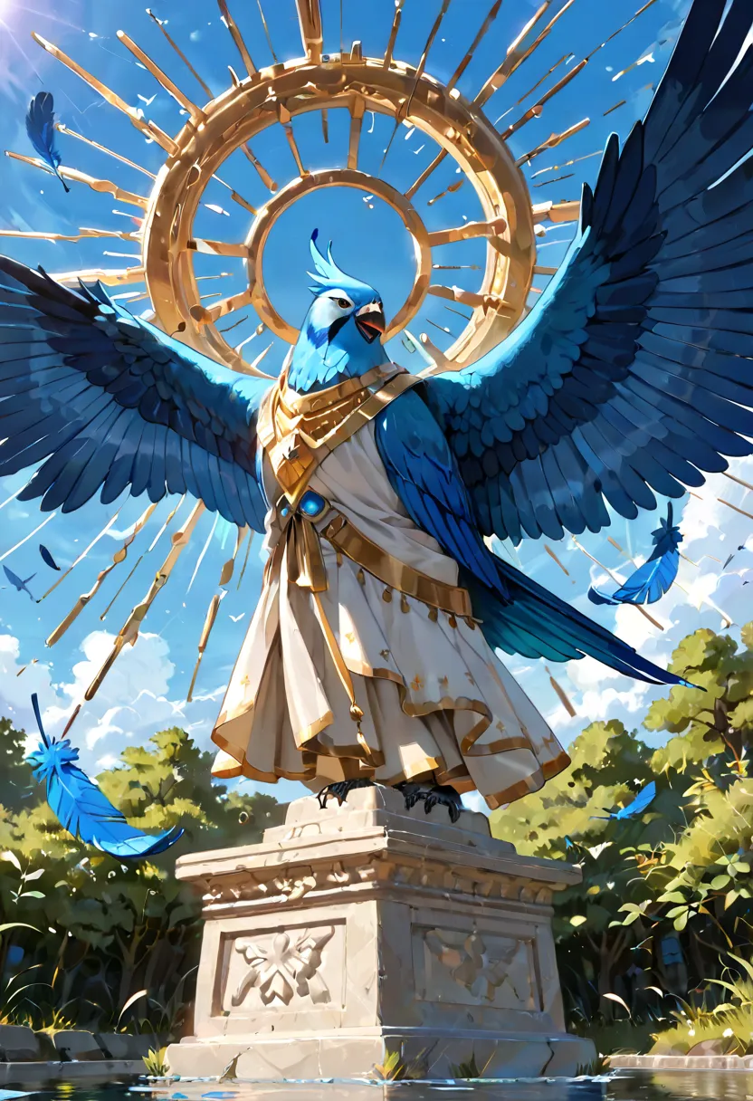 (A Floating Feather:1.1),A beautiful and divine blue bird perches on the shoulder of the bronze statue of the hero who built this country. A beautiful and divine blue bird flaps its wings and takes flight. (A beautiful blue feather falls off and floats in ...