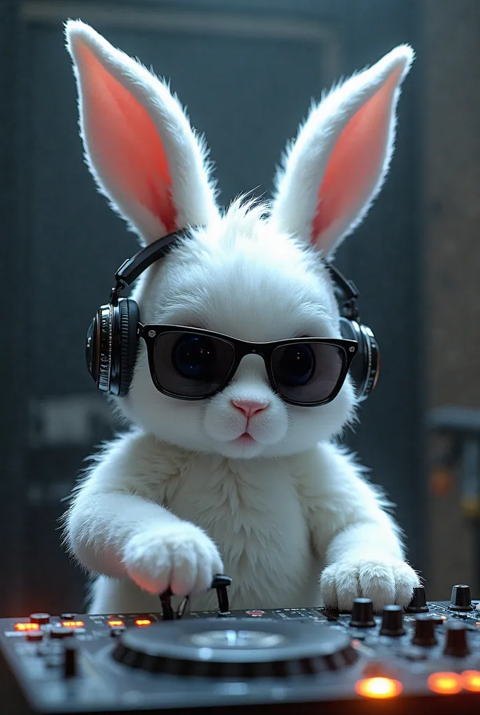 A white rabbit with a DJ console and black lenses with black headphones