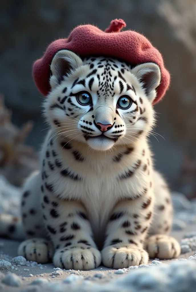 Snow leopard cub with a burgundy beret on his head 