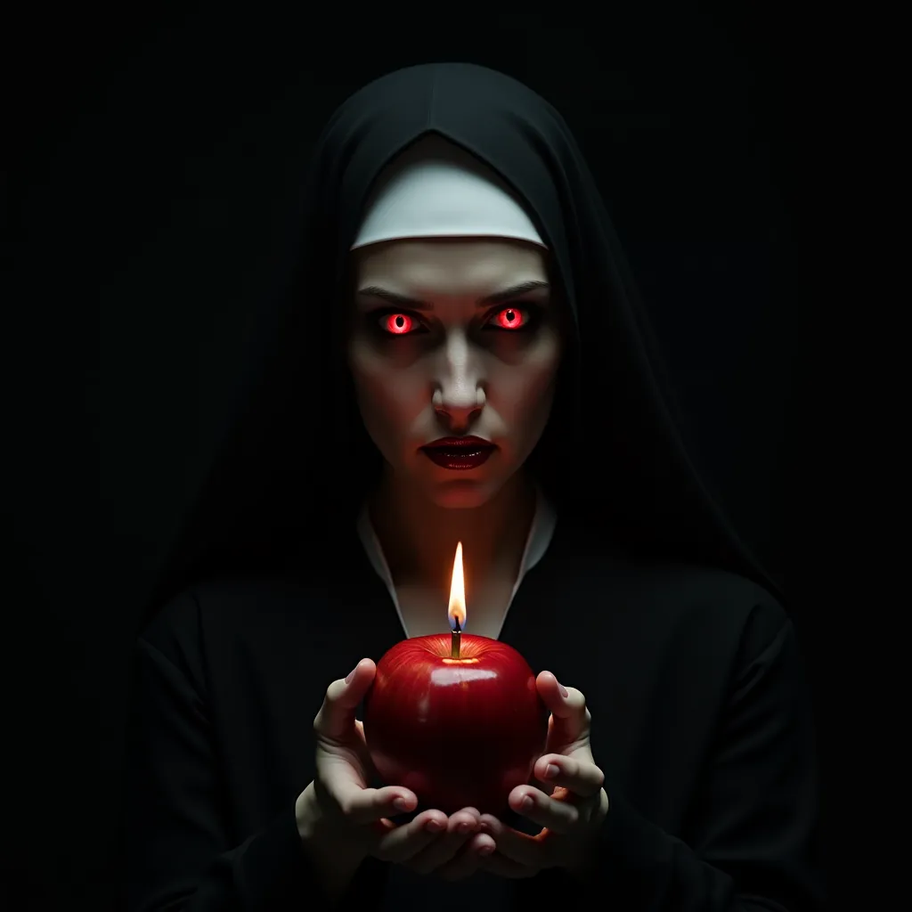 Make a nun with red lipstick and red eyes holding an apple with a candle on top while looking at the candle,  black background