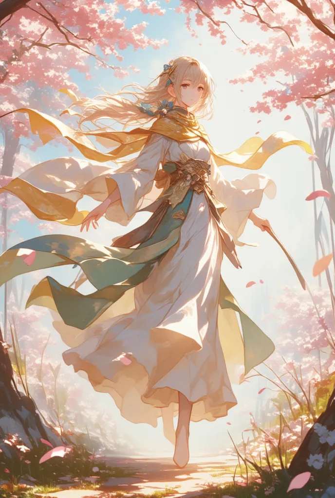 the woman has long hair, long  scarf, long skirts, Walking towards the wind. The wind is blowing、her hair flutters,  scarf, and the skirt flutters. I can see cherry blossom petals dancing in the sky.