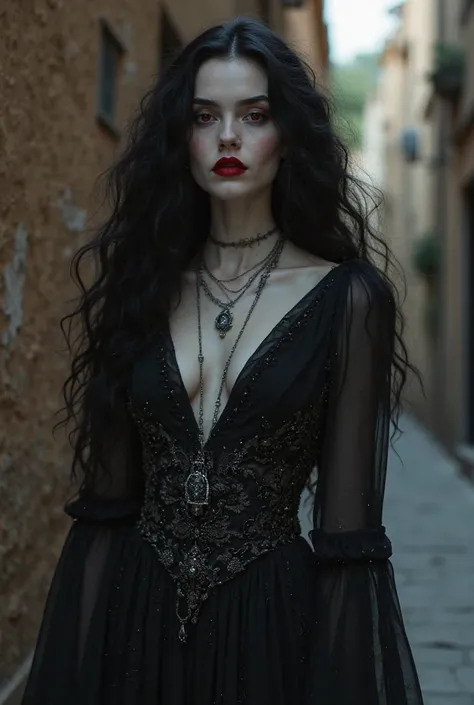 "A stunning, pale-skinned vampire girl with an enchanting beauty. Her complexion is flawlessly white, almost ethereal, glowing faintly under the moonlight. Her hair is long, black, and wavy, cascading around her face in soft curls. Her eyes are a deep, mes...