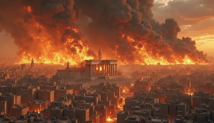 A dramatic scene of the destruction of Jerusalem in ancient times. The city burns in flames with thick columns of black smoke. in the center, a majestic and imposing white-stone temple collapses under fire and rubble.