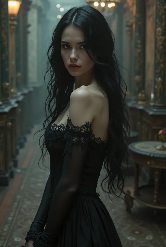 a goth woman in black dress, russian 