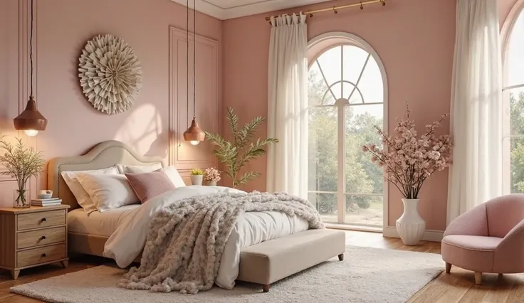 The biophilic style bedroom design is inspired by the lush beauty of peonies, which symbolize romance and prosperity, creating a peaceful and elegant ambiance. Delicate, petal-like architectural elements flow through the space, mimicking the graceful form ...