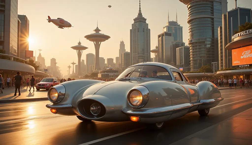 A stunning retro-futuristic utopian cityscape, inspired by 1950s mid-century modernism and space-age aesthetics, filled with sleek, futuristic hover cars gliding over a reflective, high-tech roadway. The focal point is a beautifully designed, vintage-style...