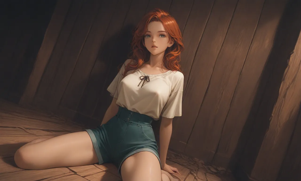 1girl　Clothing Over pointed Nipple The style is classic and vintage, with a focus on high contrast and dramatic lighting. The woman has light skin and is wearing a short-sleeved top and high-waisted shorts. Her hair is styled in soft curls, and she has a c...