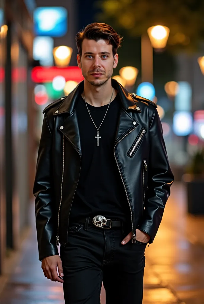 Young,  strong body structure ,  wide shoulders.  normal ears . (ears close to the head: 1.3). short neck. Wears black t-shirt,  black pants, (black leather jacket: 1.3). (Perfecto Leather jacket: 1.3). It has a silver crucifix hanging around the neck. T-s...