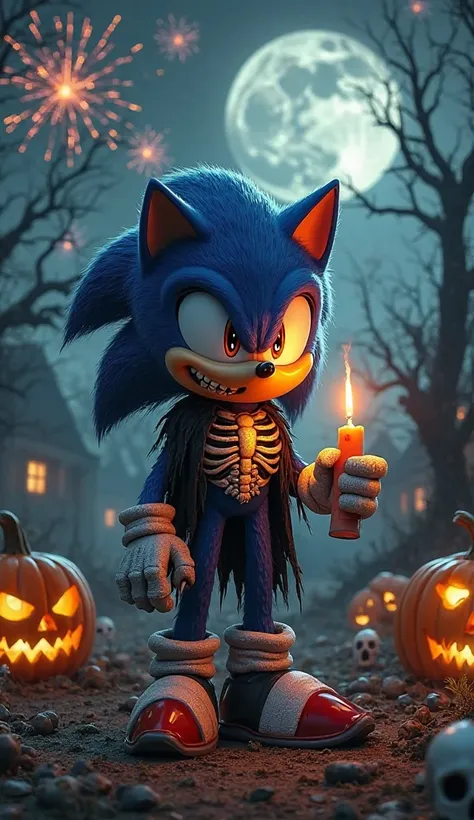 Sonic with a deep, creepy look and an evil smile, wears a haunting costume of a skull and holding a burning candle. Your body is covered in shadows,  with sharp claws and a menacing posture . The setting is a dark Halloween landscape,  Fireworks in the Sky...