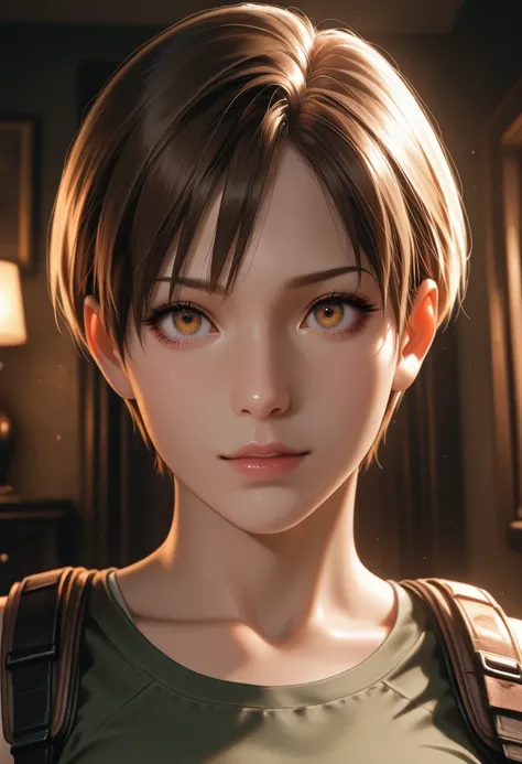 masterpiece, best quality, vibrant, very aesthetic, high contrast, photorealistic portrait,beautiful detailed face,detailed texture,detailed skin, newest, 1girl,resident evil,source_resident evil,Rebecca Chambers,shirt,room,realistic lighting
