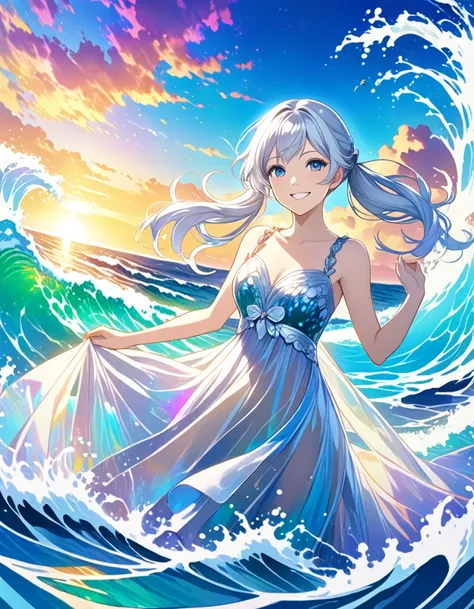  Long silver hair 、 Beautiful woman with twin tails、beautiful girl standing in fantastic sea、close-up、 smile、in the Water、The sea soars、Splash Art、 see-through dress 、 mystical art art、fantasy world、