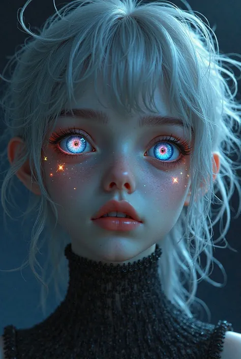  ( Untidy silver hair:1.1) ( heterochromia:  xanthochromia and blue eyes:1.2) (Space helmet:1.0) (Colored stars in the eyes:1.0) (A radiant shine:1.1) (thick lips:0.9)