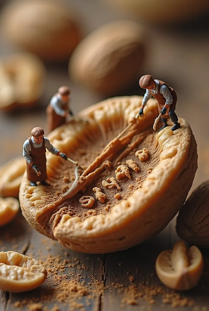 "A surreal macro-style photograph of a large, textured walnut shell with tiny human-like figures cleaning the surface. The figures wear brown aprons and are meticulously scrubbing away dust and debris to reveal the word 'SOHAIB' engraved on the walnut shel...