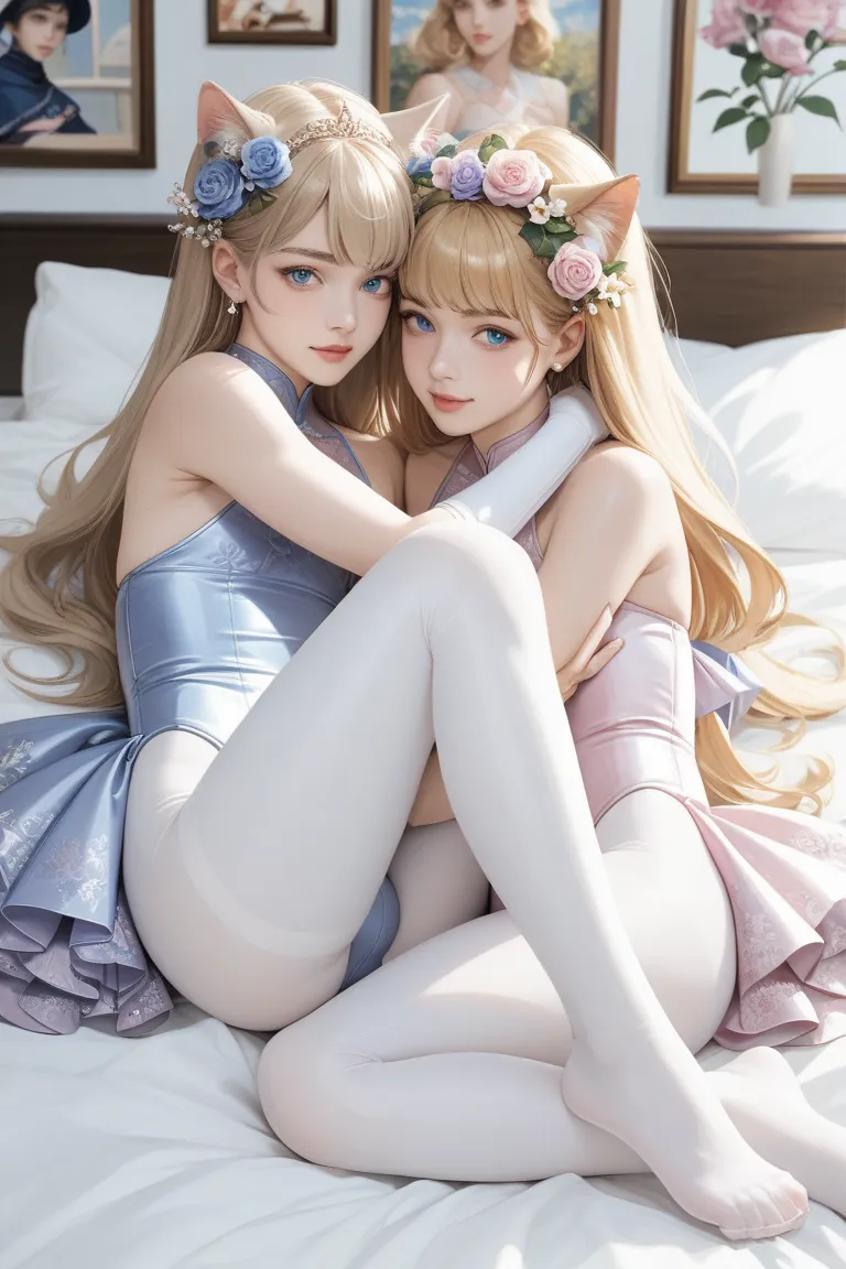 (1 man, 1 catgirl) (luna, blonde hair, blue eyes) (hetero, couple) (crossdressing, fully clothed) (portrait) (women's clothes only) (women's beautifully feminine lacy skintight matte floral print girly pink and lavender adorable ballet leotards) (white pan...